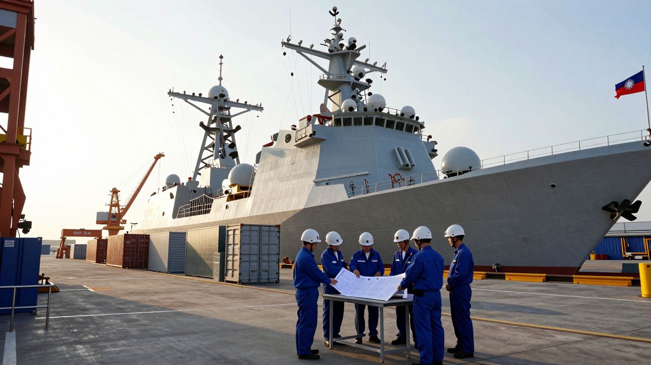 Soldados em uniforme azul com capacetes discutem planos junto a um grande navio militar cinzento no porto.