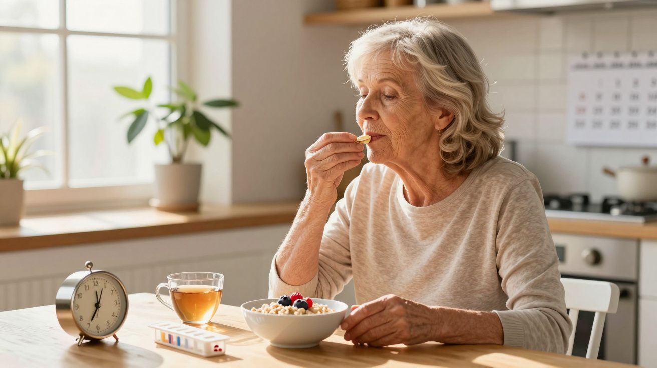 Idosa sentada à mesa a tomar comprimido com pequeno-almoço e chá, relógio marca 7 horas.