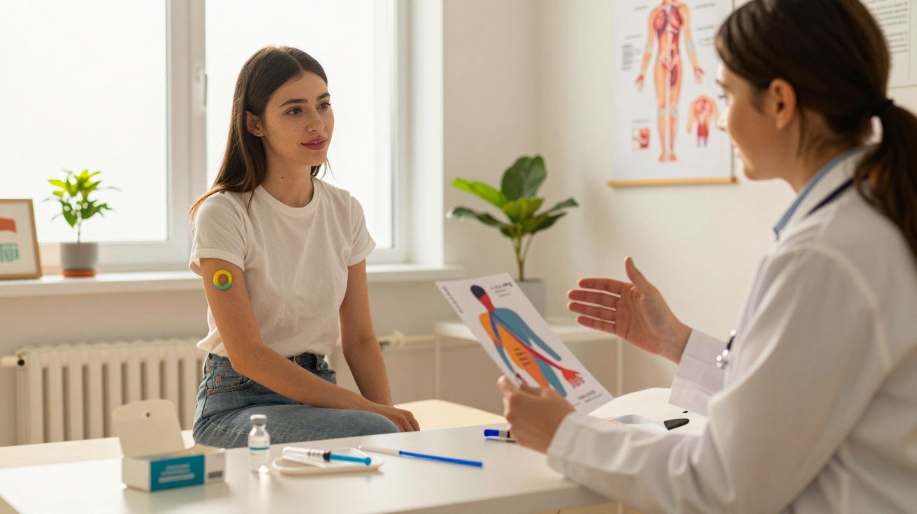 Paciente com sensor de glicose na pele consulta médica sobre cuidados de saúde numa clínica.