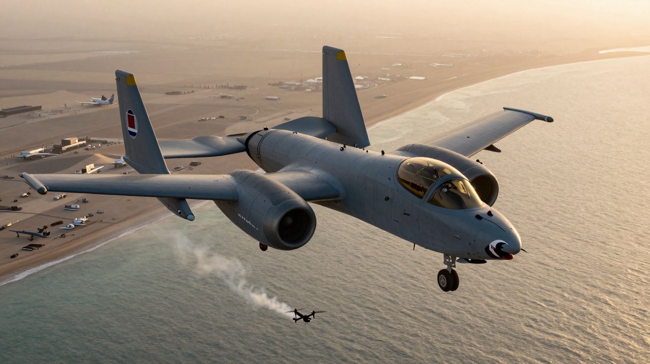 Avião militar cinzento voando sobre a costa com mar e terra ao fundo ao pôr do sol.