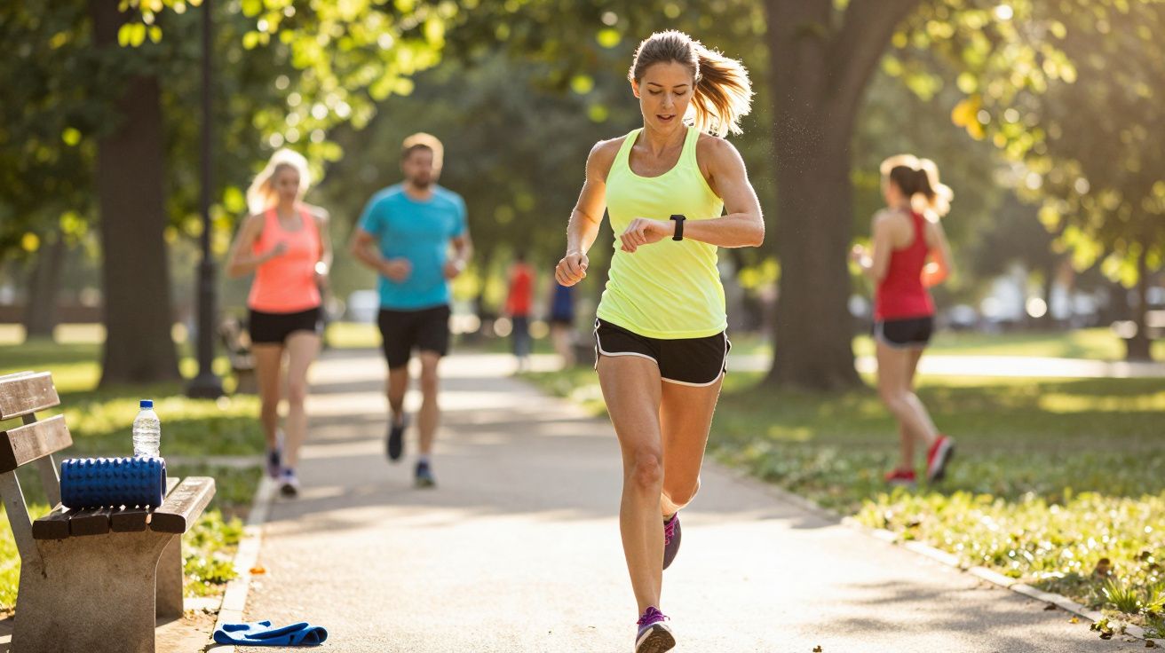 Mulher a correr num parque, a olhar para o relógio, com outras pessoas a correr ao fundo.