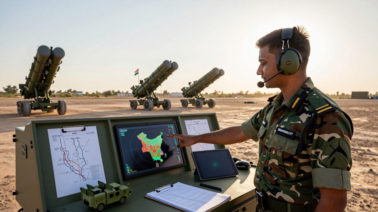 Militar a operar sistema de controle de defesa com lançadores de mísseis ao fundo num deserto.