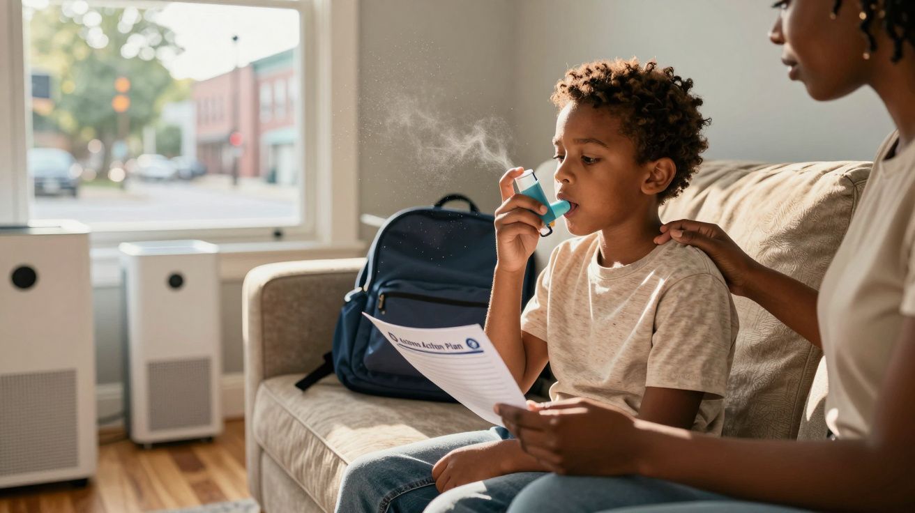 Criança a usar um inalador com apoio de adulto sentados num sofá numa sala iluminada.