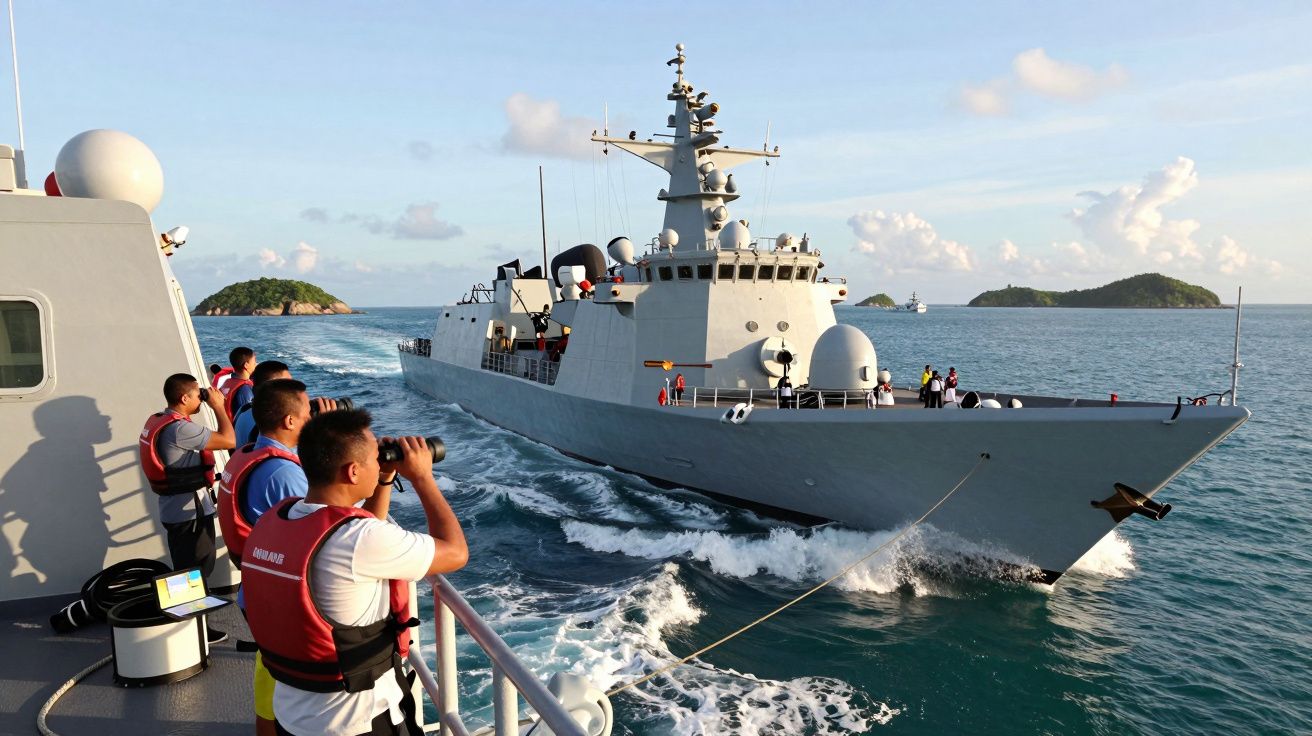 Homens com coletes salva-vidas observam navio militar cinzento a navegar num mar calmo perto de ilhas.