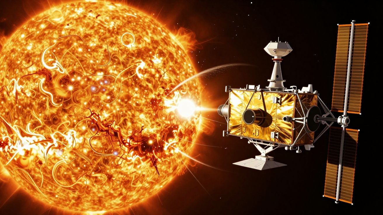 Sonda espacial próxima do Sol, captando radiação solar intensa e partículas energéticas.