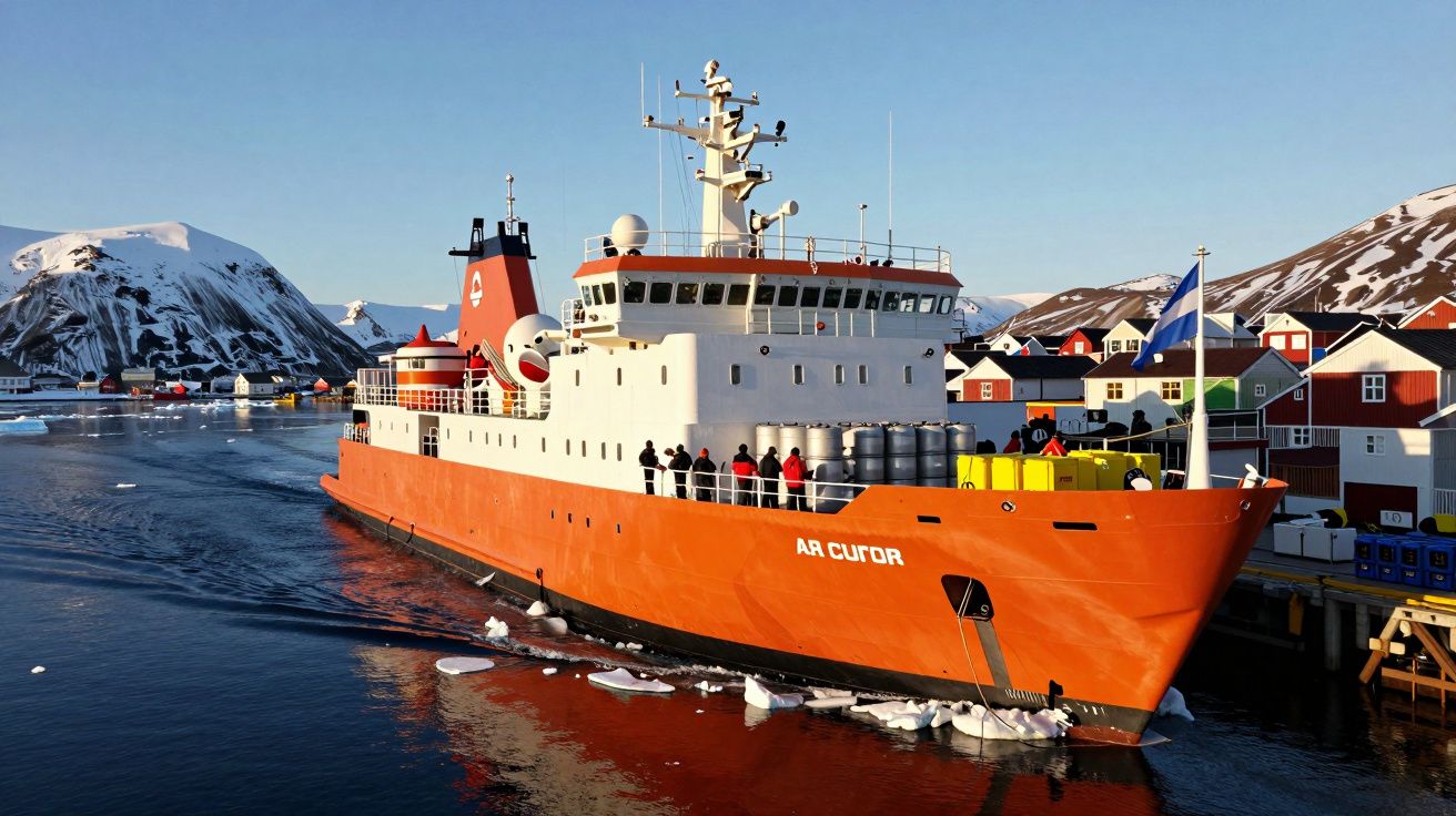 Navio de research com casco laranja navega perto de casas coloridas e montanhas cobertas de neve.