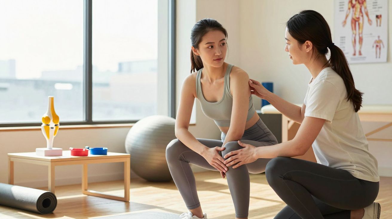 Mulher recebe aconselhamento de fisioterapeuta para tratamento de dor no joelho numa clínica de reabilitação.