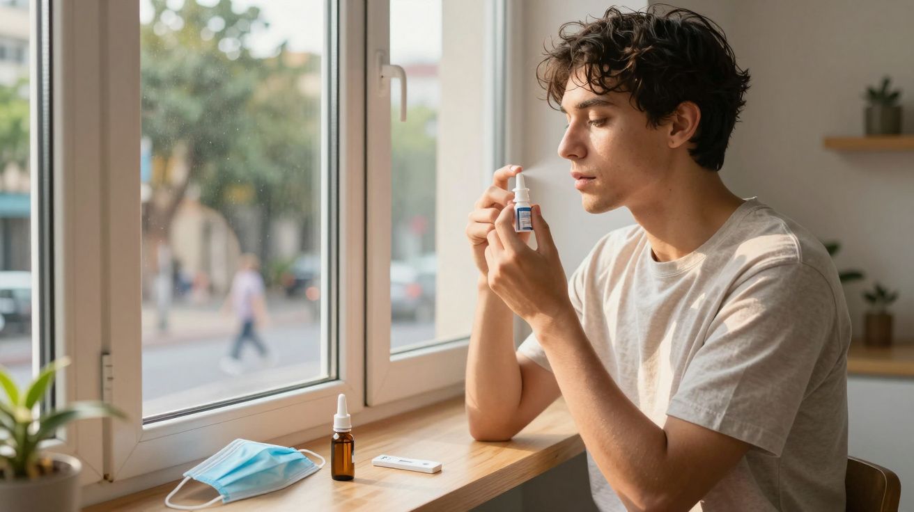 Jovem a aplicar gotas nos olhos junto a uma janela com máscara e frascos sobre o balcão.