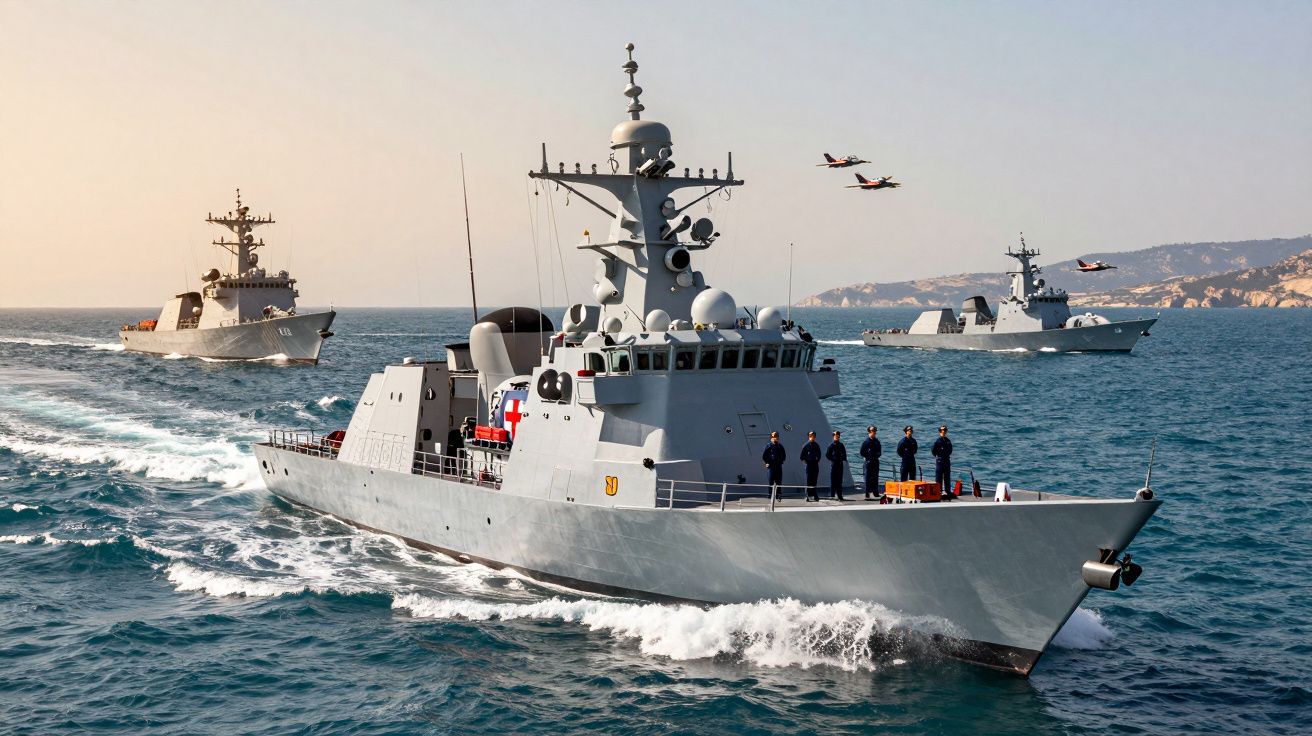 Três navios de guerra no mar e cinco aviões militares em voo sobre águas calmas e céu limpo.