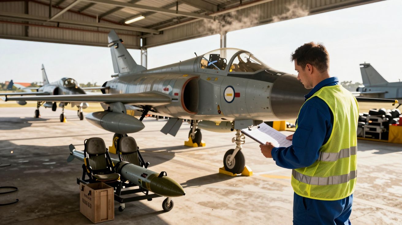 Homem com colete refletor a fazer inspeção a jato militar numa garagem de aviões.