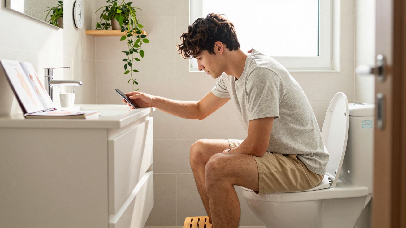 Homem sentado na sanita da casa de banho a usar o telemóvel, com plantas e relógio na parede.