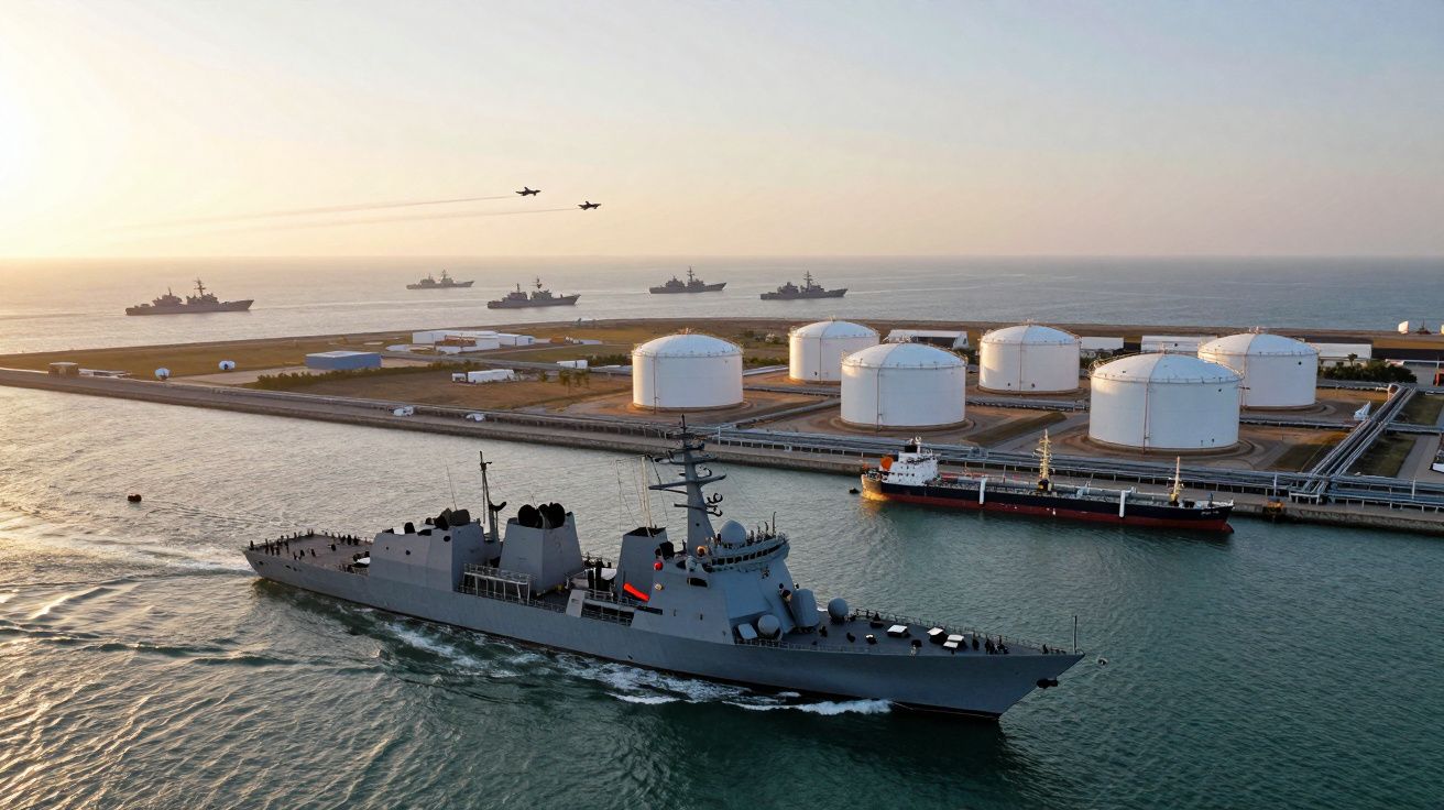Porta-aviões e navios de guerra próximos a tanques de armazenamento costeiros durante o pôr do sol.