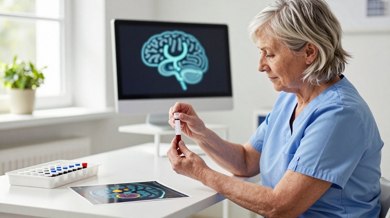 Mulher médica a analisar amostra de sangue com imagens de cérebro em ecrã e mesa.