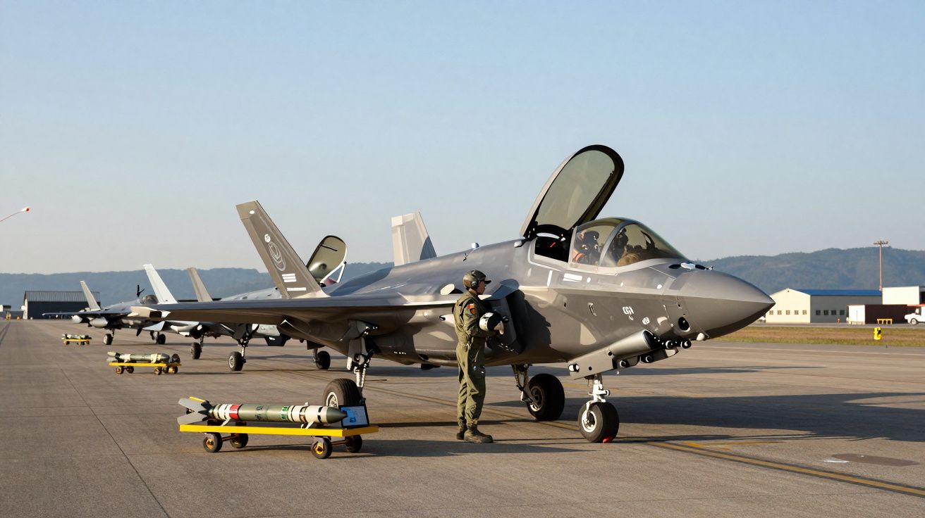 Caça furtivo militar estacionado em pista, com piloto e armamento ao lado em dia soalheiro.