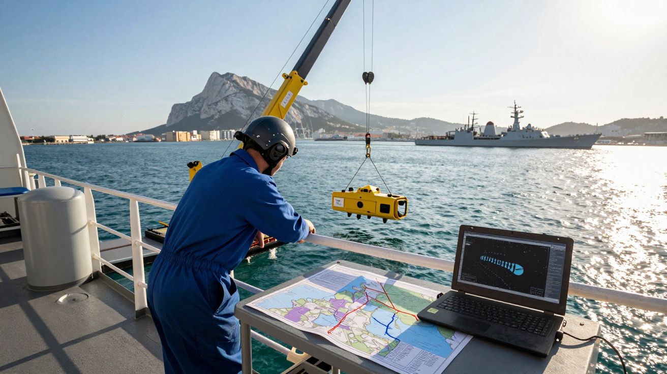 Homem com fato azul e capacete controla dron submarino em barco com mapa e computador, mar e monte ao fundo.