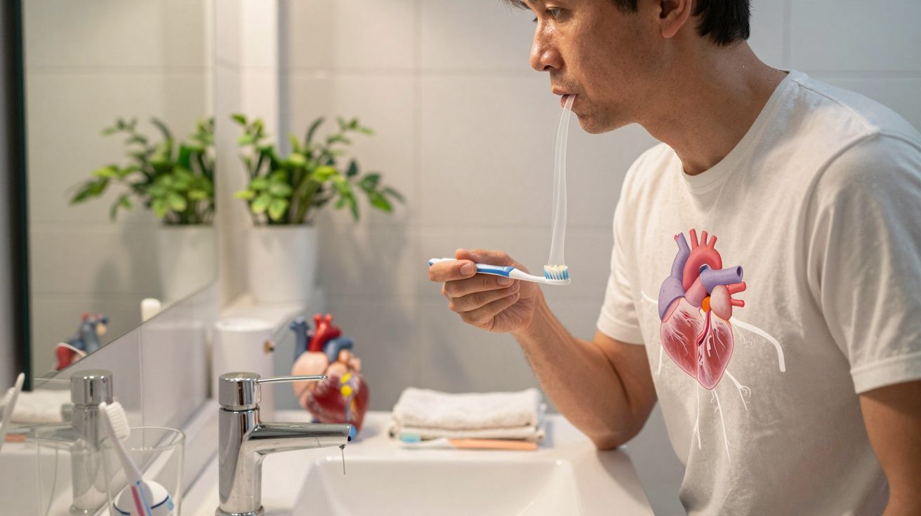 Homem a escovar os dentes em frente ao espelho com pasta de dentes a esticar da escova à boca.