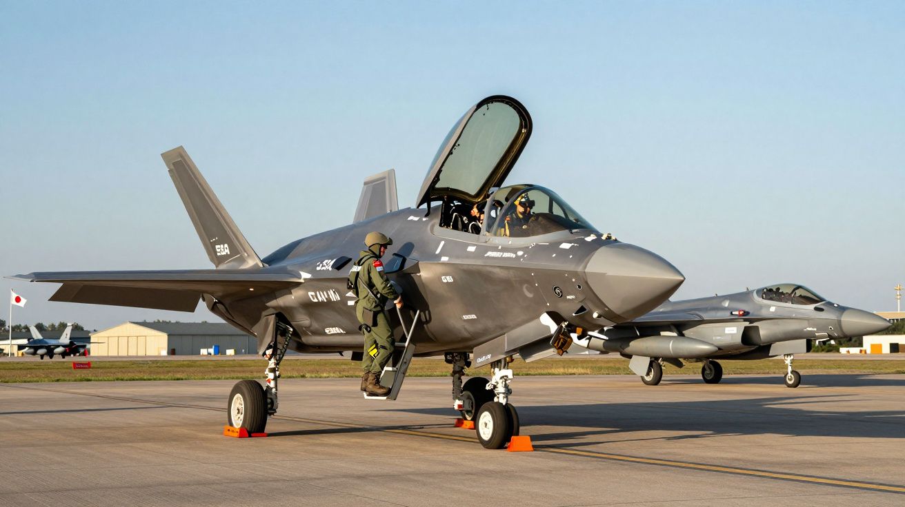 Caça militar F-35 estacionado em pista com piloto na cabine e militar a subir pela escada.