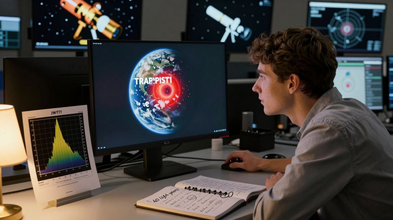 Jovem observa no computador imagem da Terra com destaque para estrela TRAPPIST-1 num laboratório de astronomia.