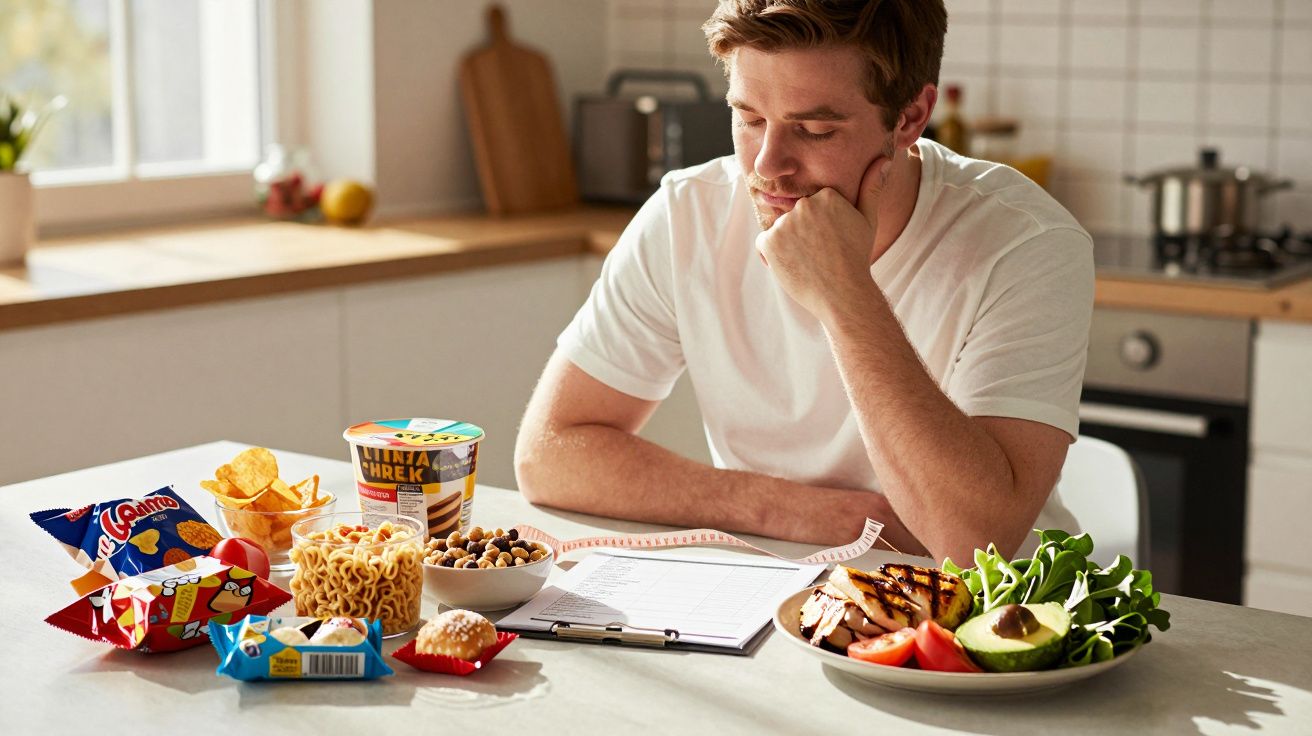 Homem na cozinha a refletir entre alimentos saudáveis e snacks menos nutritivos numa bancada.