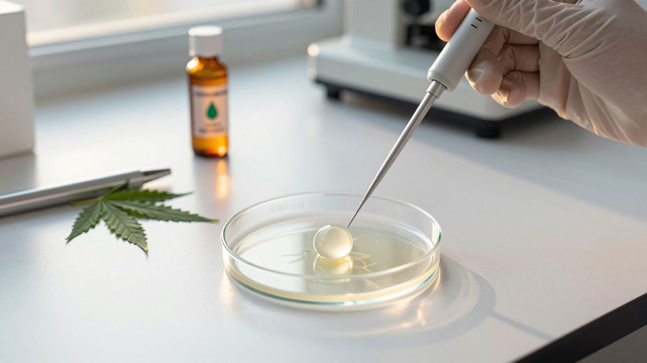 Mão com luva a manipular bolha em placa de Petri numa bancada com folha de planta e frasco ao fundo.