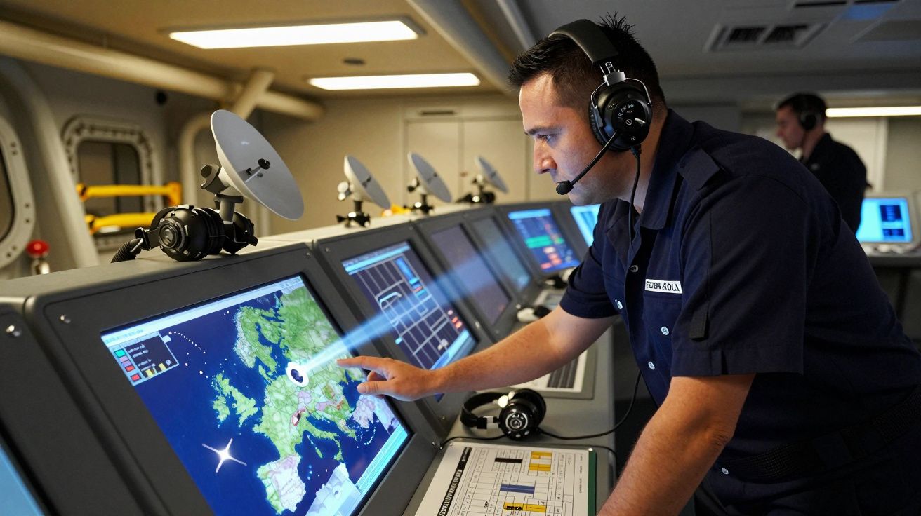 Homem com headphones controla e vê mapas e dados em ecrãs digitais num centro de operações moderno.