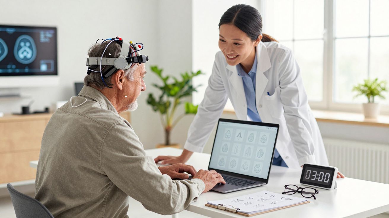 Médica sorri enquanto idoso utiliza dispositivo médico na cabeça, ambos interagem junto a computador.