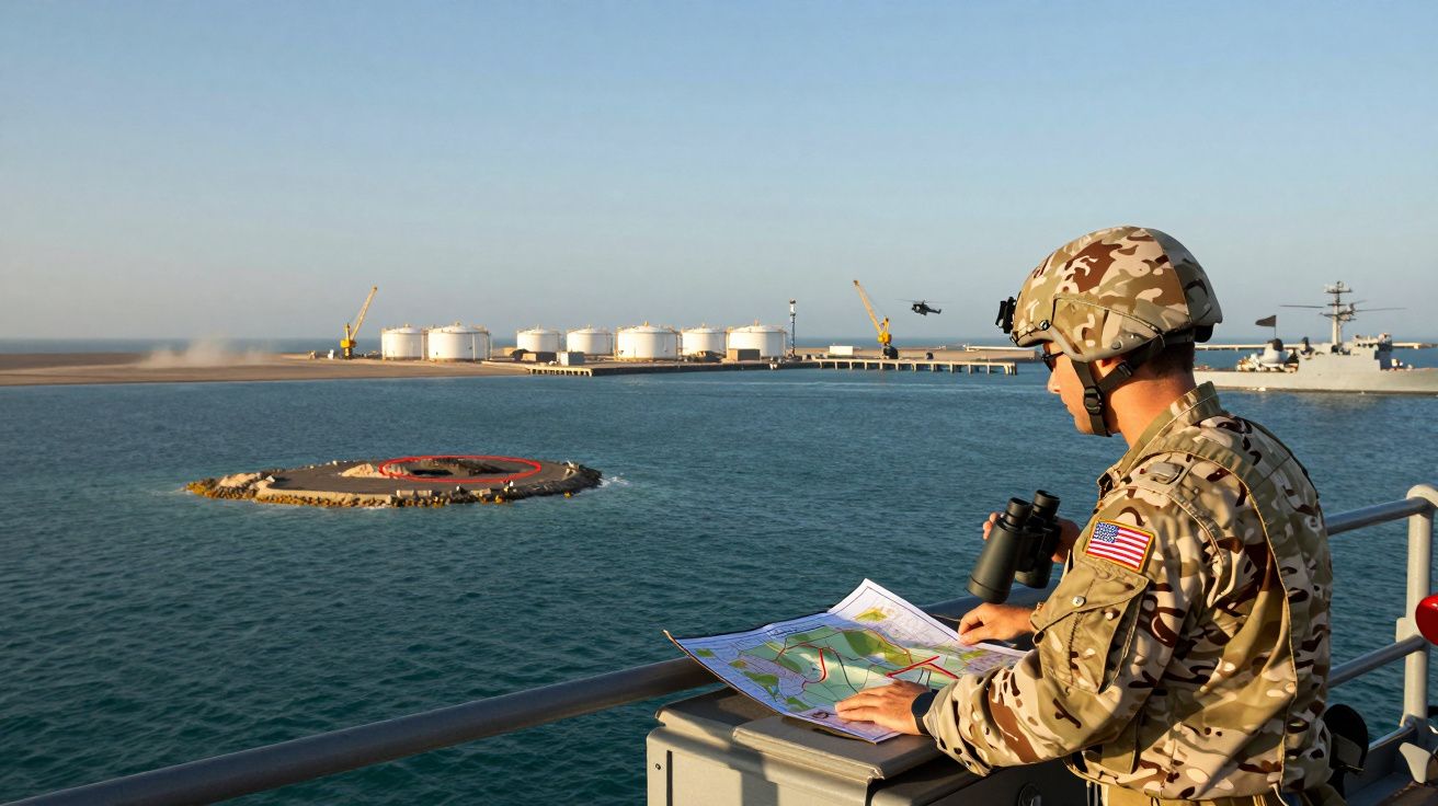 Soldado americano com binóculos a analisar mapa numa embarcação, com instalações industriais e helicóptero ao fundo.