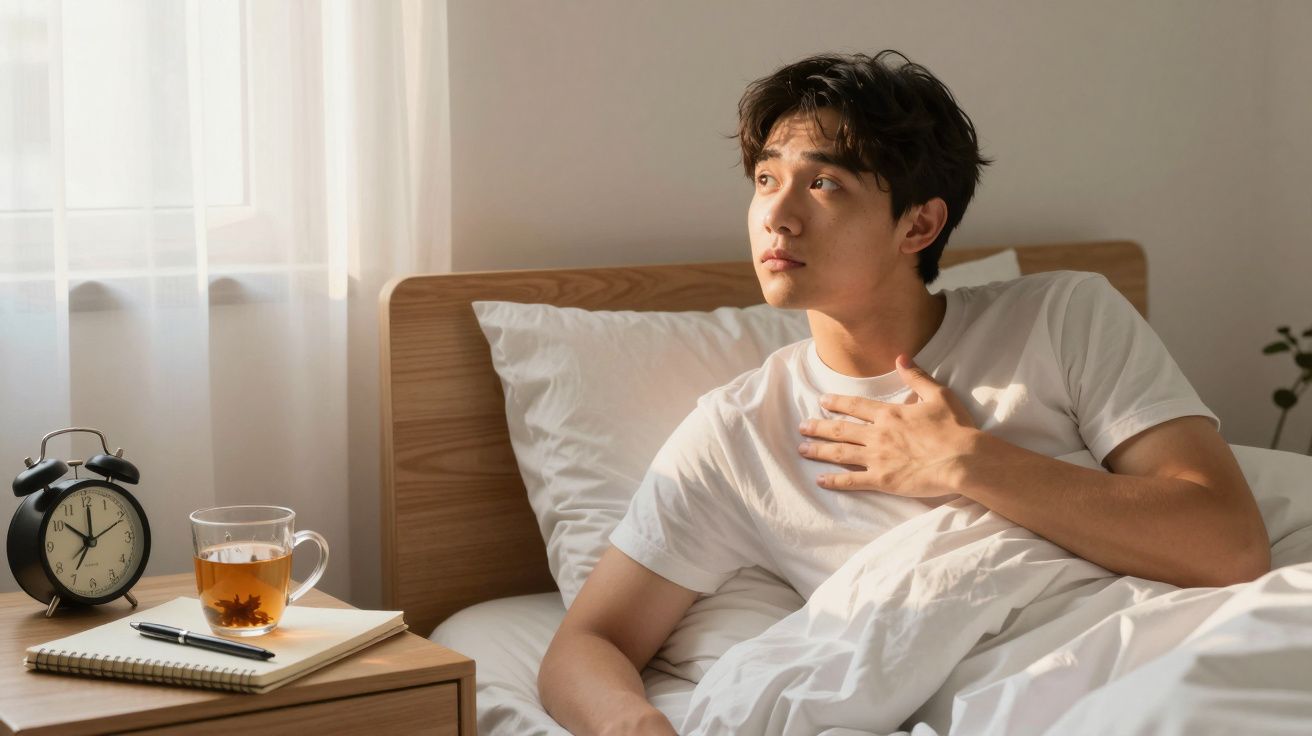 Jovem sentado na cama, a olhar para a janela, com chá e caderno na mesa ao lado.