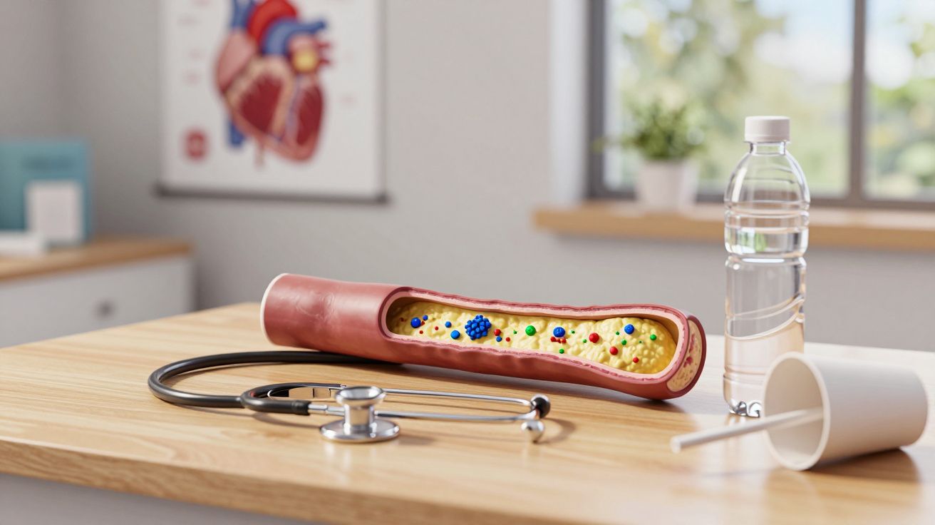 Modelo tridimensional de artéria com placa de gordura, estetoscópio, garrafa de água e copo com canudo numa mesa.