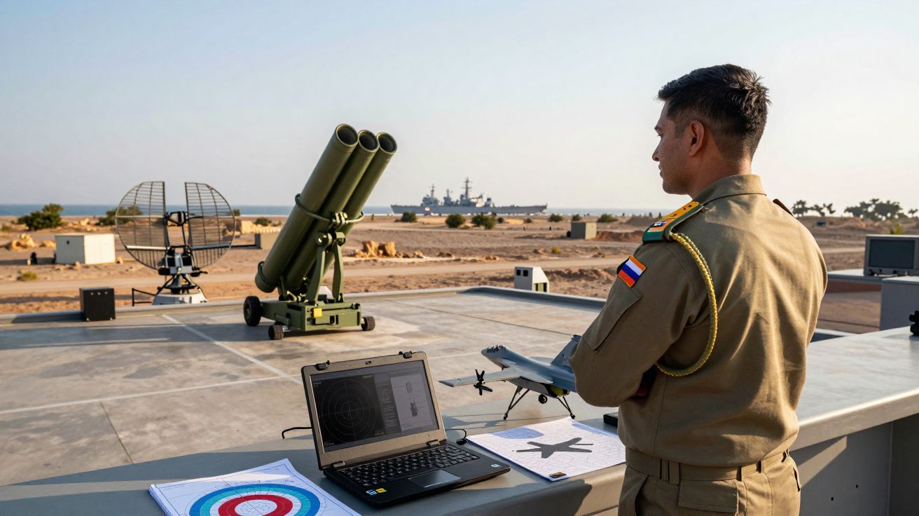Militar russo observa equipamento de defesa aérea com laptop, drone e navio militar ao fundo no deserto.