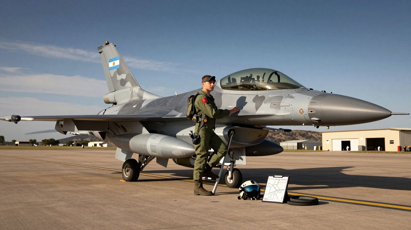 Piloto ao lado de avião militar F-16 da Força Aérea Argentina numa pista de aeroporto.