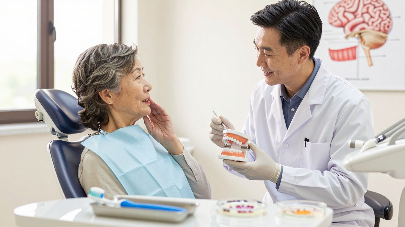 Dentista asiático a explicar cuidados dentários a mulher idosa numa clínica moderna.