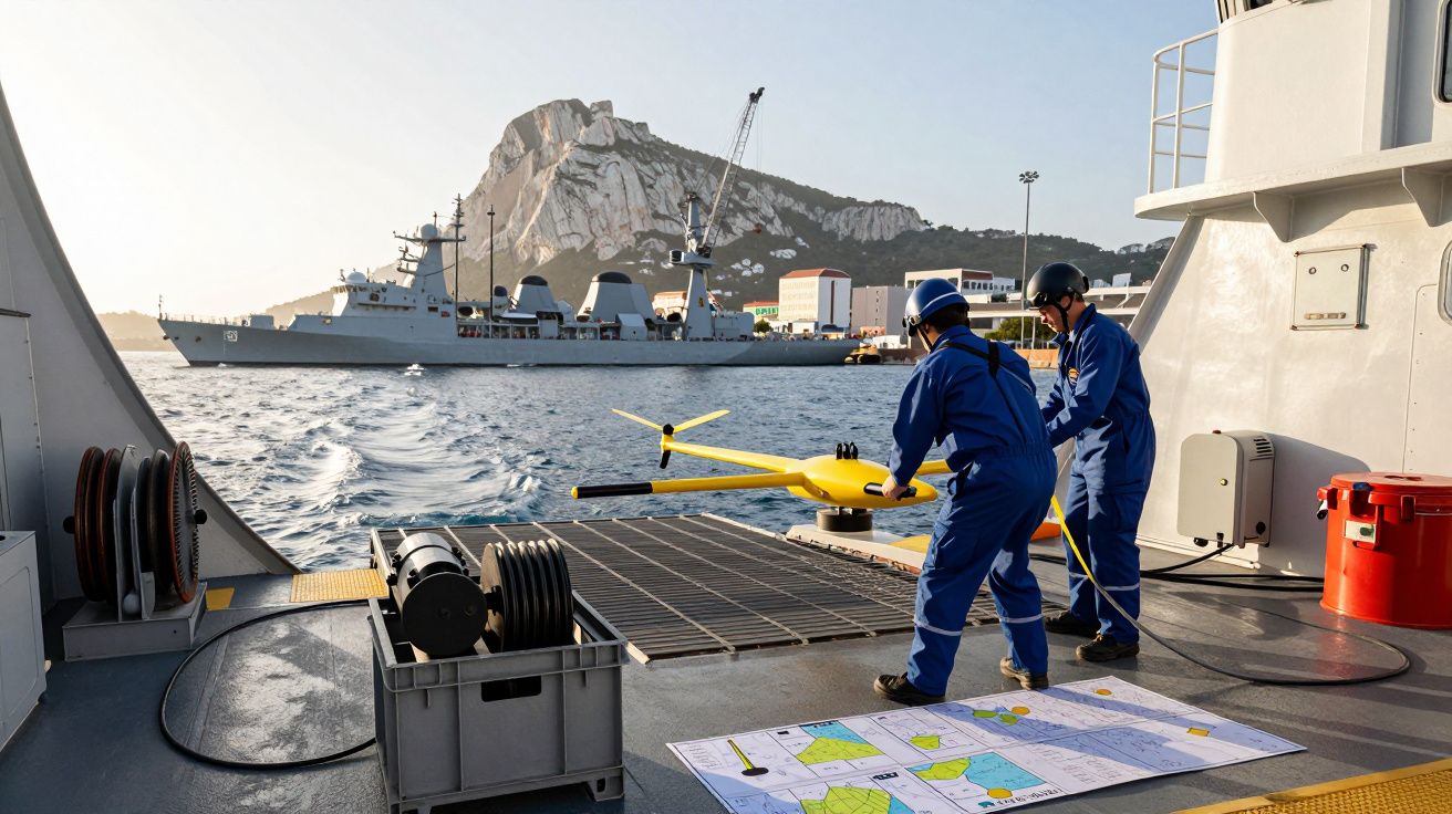 Dois técnicos com fatos azuis preparam um drone amarelo na embarcação com o navio de guerra e o rochedo no fundo.