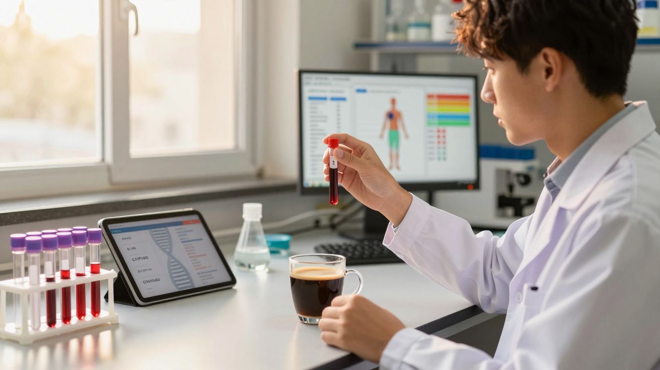 Cientista em laboratório analisa tubo de ensaio com sangue, com café e equipamentos digitais na mesa.