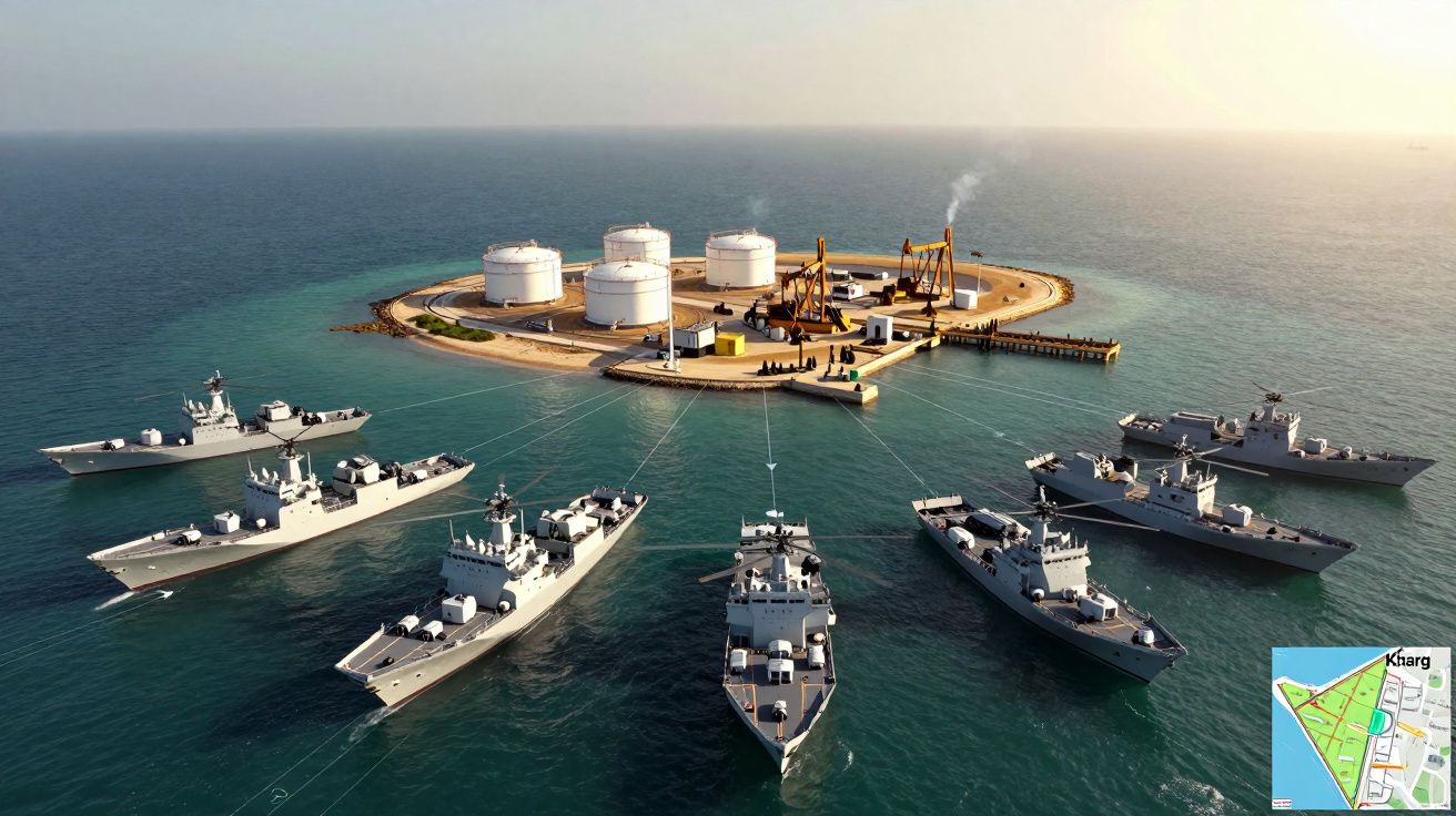 Sete navios de guerra rodeiam ilha artificial com tanques e infraestrutura industrial no mar.
