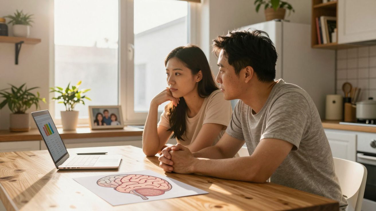 Casal asiático sentado à mesa a analisar gráficos num computador portátil e imagem de cérebro num papel.
