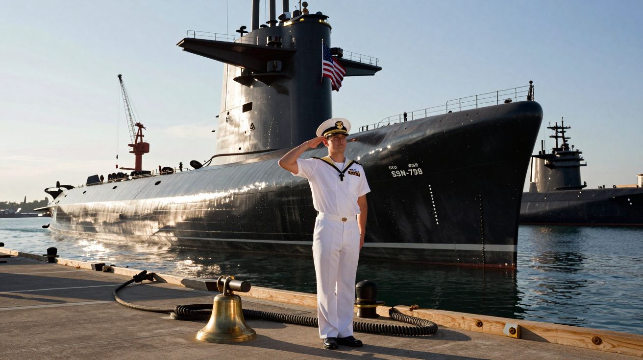 Marinheiro em uniforme branco a cumprimentar junto a um submarino militar atracado num cais ao pôr do sol.