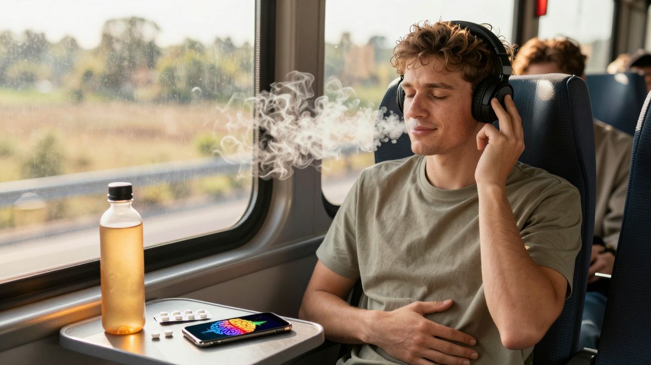 Jovem de olhos fechados a ouvir música com auscultadores e a expirar vapor numa viagem de comboio.