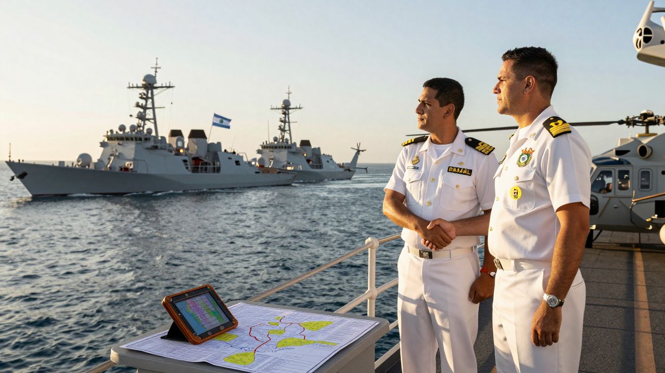 Dois oficiais navais em uniforme branco apertam as mãos no convés com navios militares ao fundo.