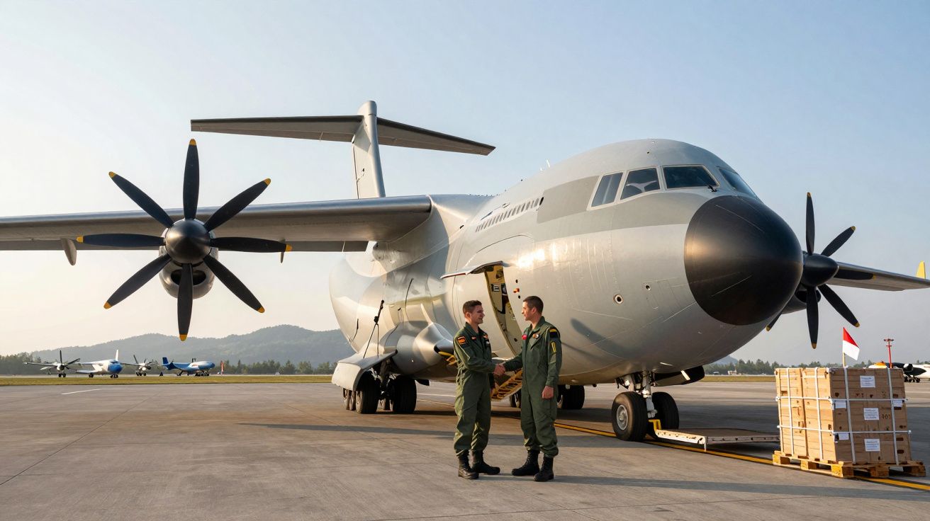 Dois militares de uniforme verde cumprimentam-se diante de avião militar de hélices numa pista de aeroporto.