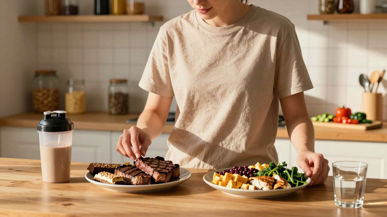 Pessoa em cozinha moderna a escolher entre pratos com carne, legumes, frutos e bebidas numa mesa de madeira clara.