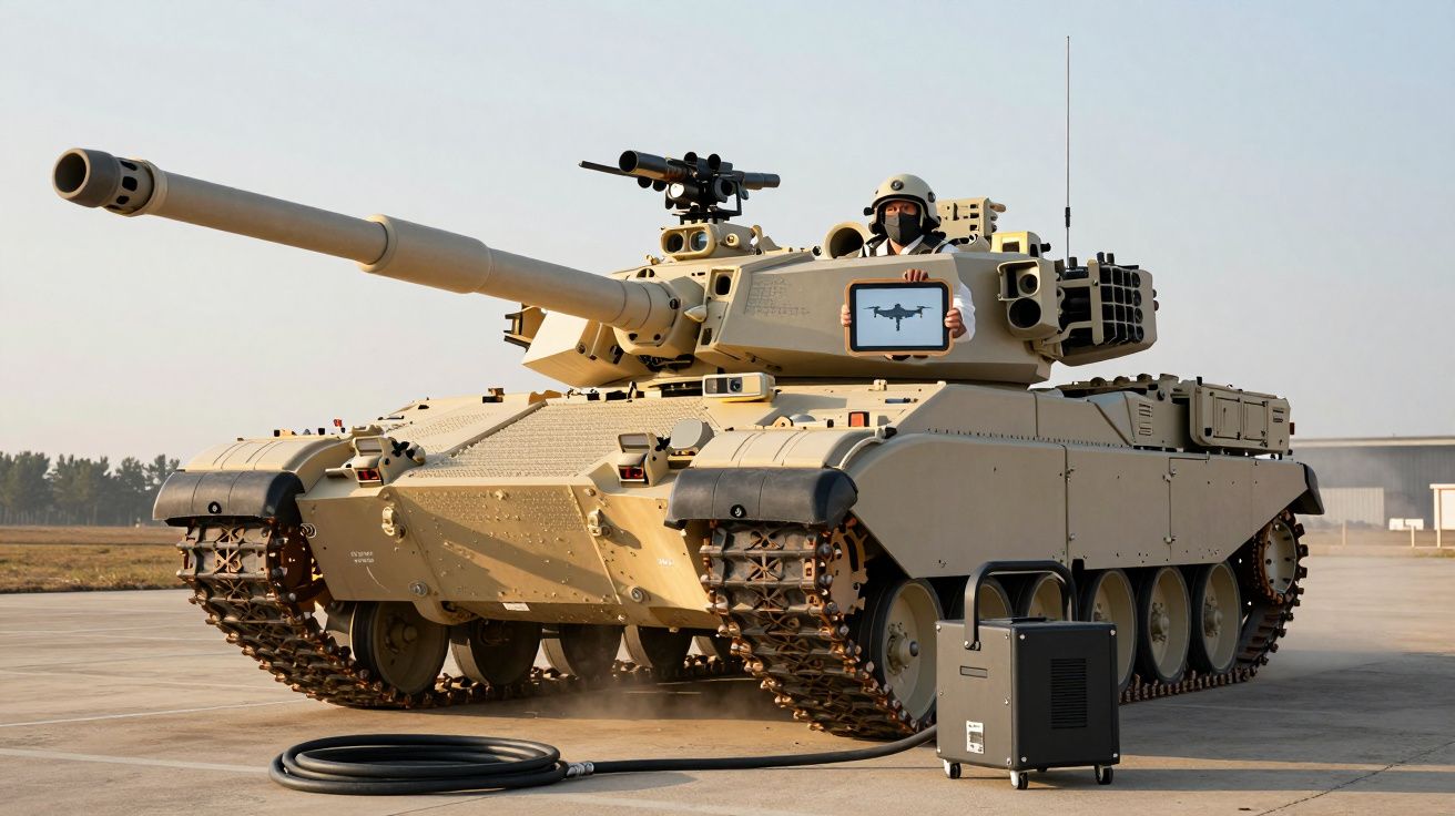 Tanque militar bege estacionado em área aberta com soldado segurando tablet ao lado de equipamento preto.