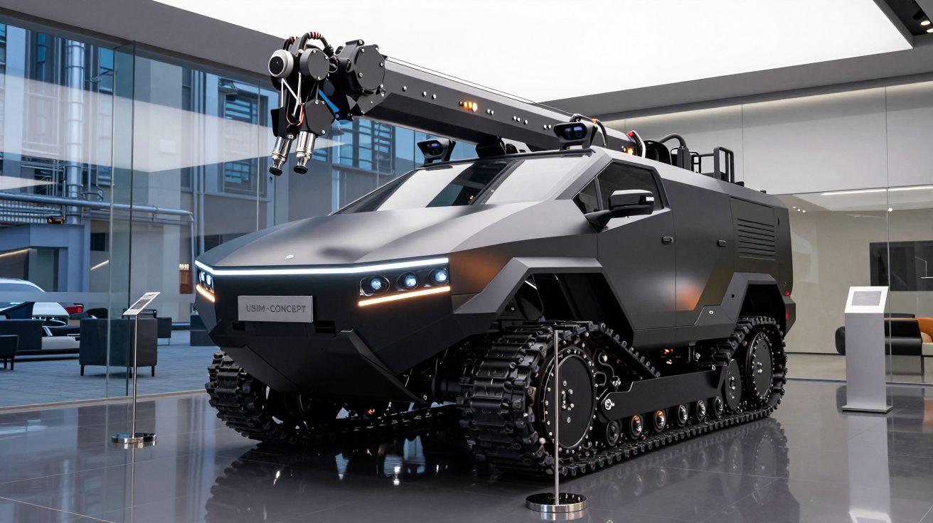 Veículo militar blindado futurista com lagartas e braço robótico exposto em sala moderna.