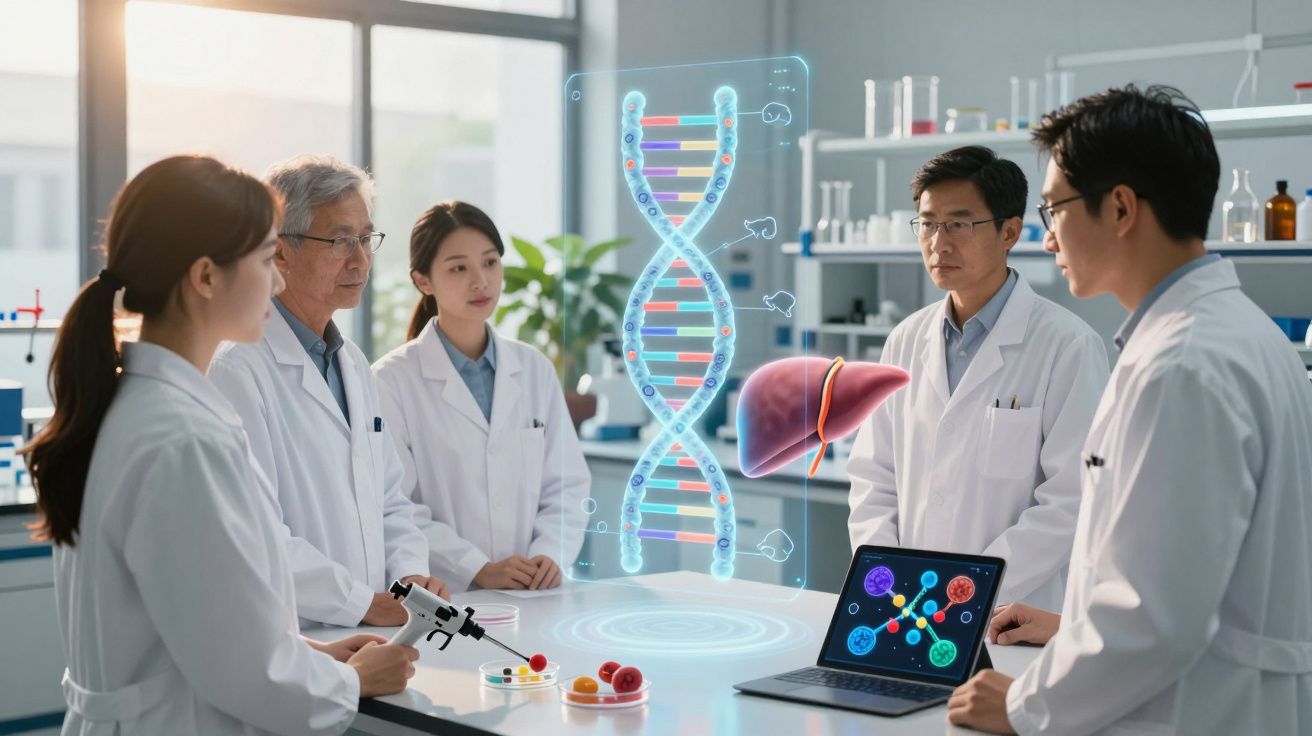 Cientistas em laboratório com hologramas de DNA e fígado, analisando dados numa mesa com laptop e frutas.