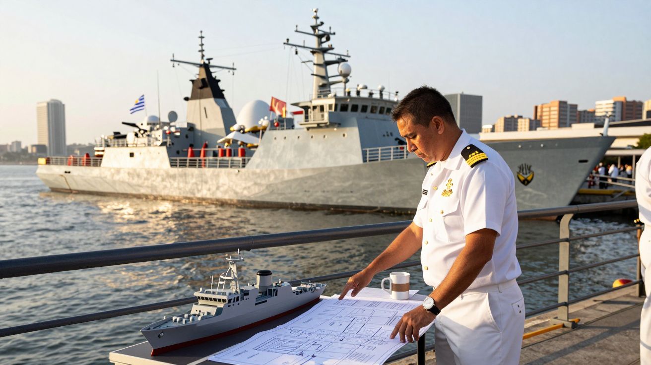 Oficial naval examina plantas ao lado de modelo de navio em cais com navio real ao fundo ao pôr do sol.