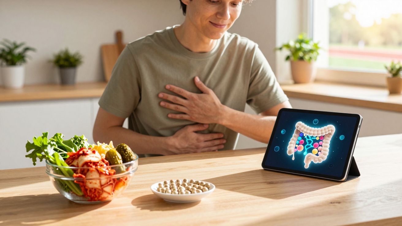 Pessoa em cozinha com mão na barriga, à frente legumes e comprimidos, e imagem digital do intestino num tablet.