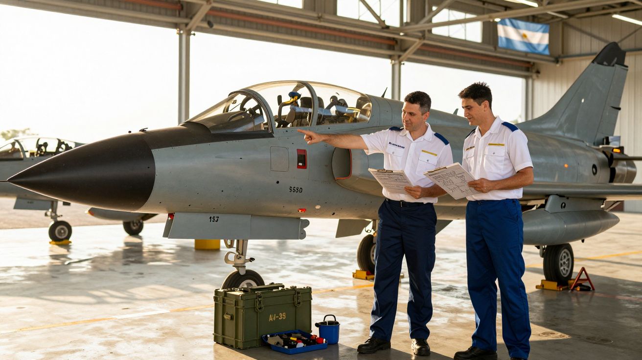 Dois pilotos militares em uniforme branco e azul verificam documentos ao lado de um caça cinzento num hangar.