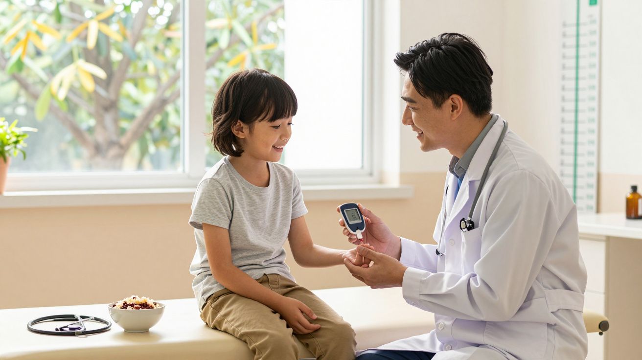 Médico mede glicemia de criança sorridente numa clínica luminosa e acolhedora.
