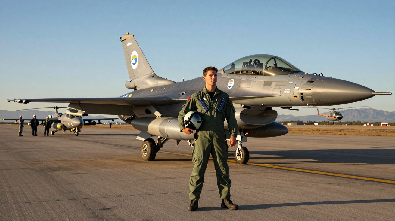 Piloto militar de uniforme verde com capacete na mão em frente a avião de caça estacionado em pista.