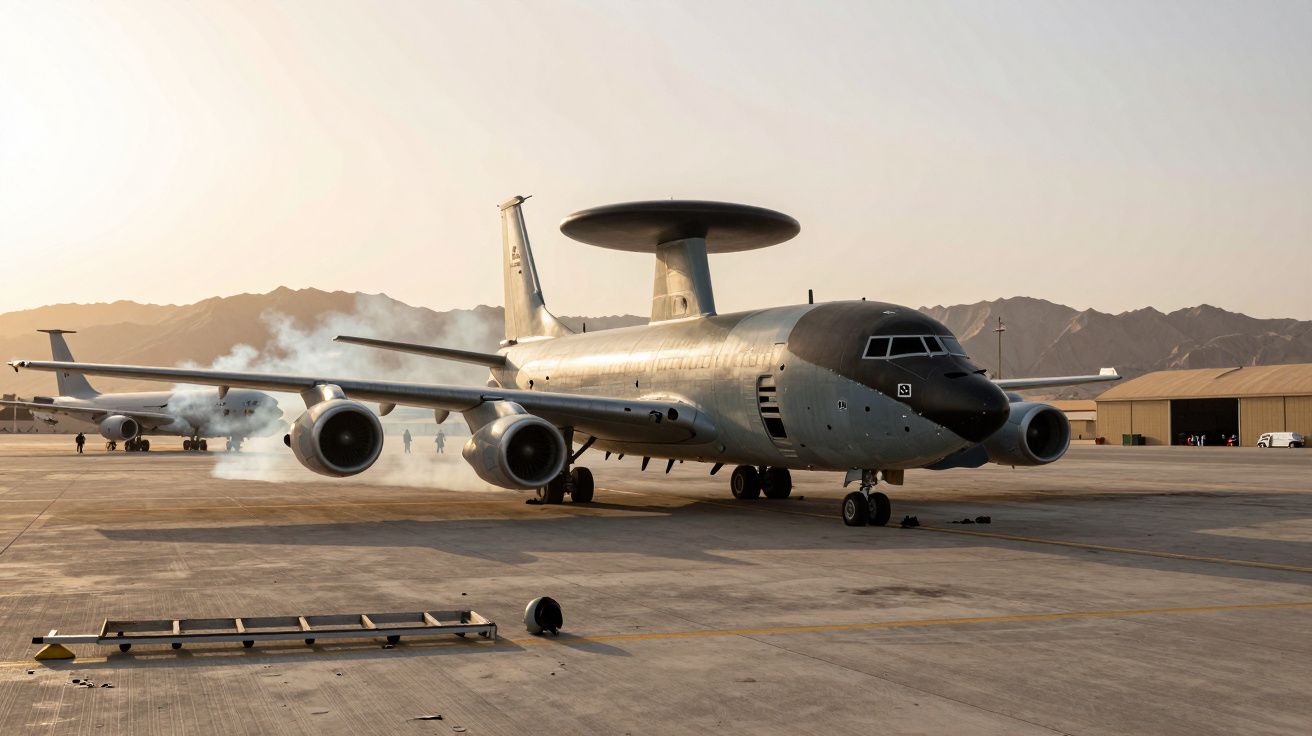 Aeronave militar estacionada no aeroporto com montanhas ao fundo e fumaça a sair dos motores.